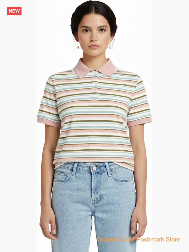 Striped Vintage Collared Neck Button Up Cropped Polo Shirt Y2k Streetwear